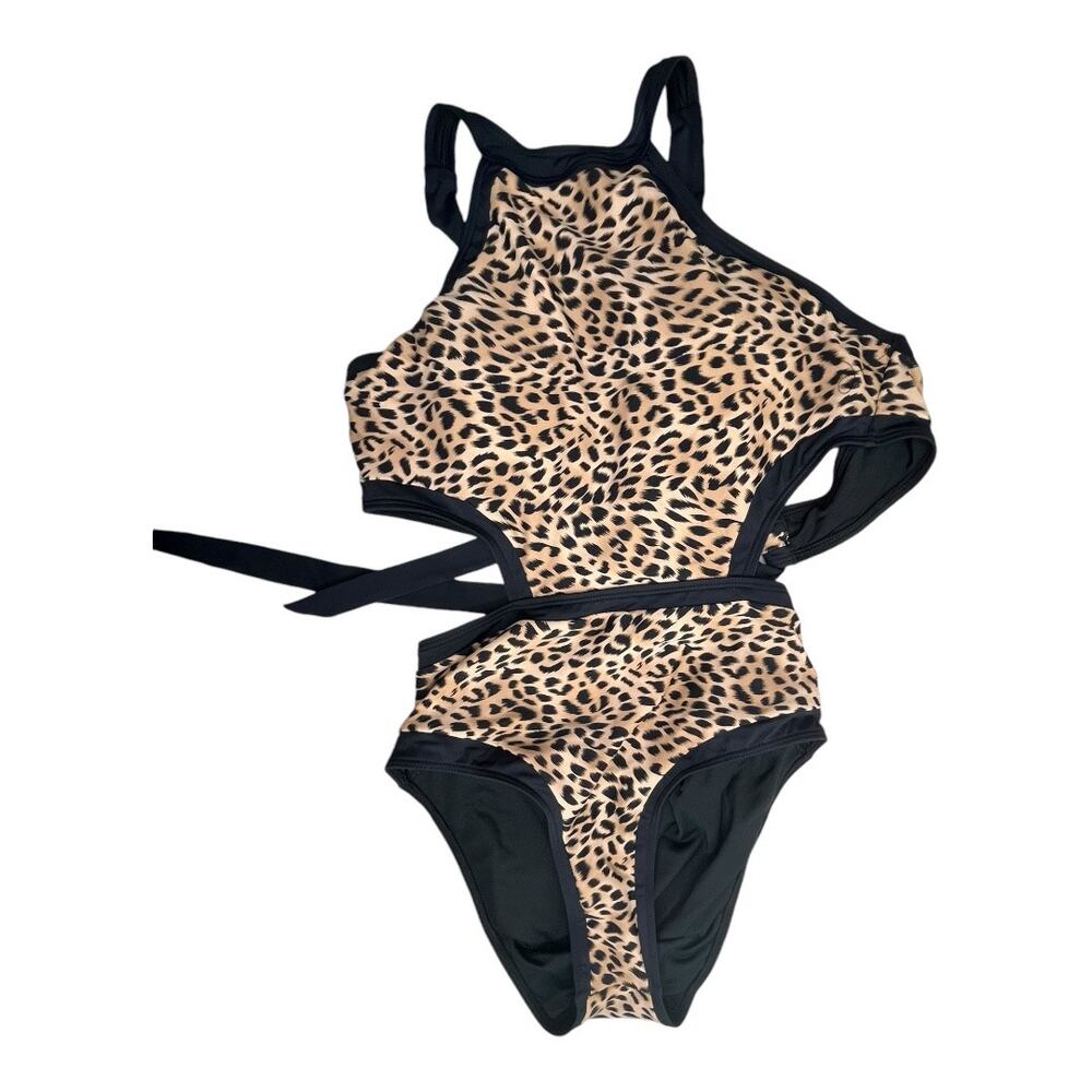 Beach Joy one piece halter high neck open back lace up leopard bodysuit Medium - Picture 2 of 6
